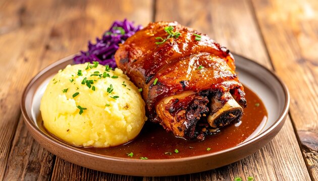 Knusprige Schweinshaxe mit Kartoffelkn&ouml;del, Rotkohl und kr&auml;ftiger Bratenso&szlig;e, deftige bayerische Hausmannskost und traditionelles Oktoberfest Essen auf rustikalem Holztisch