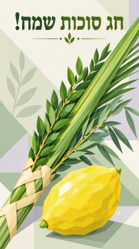 Chag Sukkot Sameach חג סוכות שמח Happy Sukkot Hebrew greeting with lulav, etrog and Arba Minim Four Species