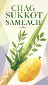Chag sukkot sameach greeting with etrog plus palm leaves, faceted four species