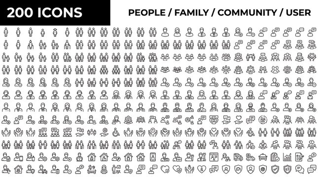 Extensive collection of two hundred diverse people and family community linear icons in black outline style