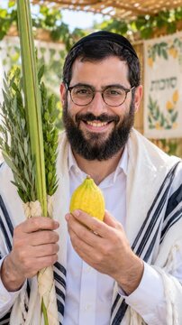 Smiling jewish man holding lulav plus etrog inside sukkah, worshipper in tallit presenting four species toward camera, joyful sukkot ritual portrait with holiday decorations
