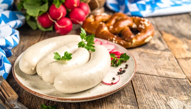M&uuml;nchner Wei&szlig;w&uuml;rste mit Laugenbrezel, Radieschen und Petersilie, traditionelles bayerisches Wei&szlig;wurstfr&uuml;hst&uuml;ck und deftige Oktoberfest Brotzeit
