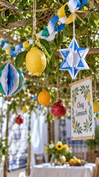 Colorful sukkah doorway decorated with star plus fruit, hanging citron paper ornaments plus chag sameach banner, traditional jewish harvest festival entrance