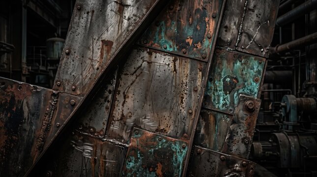 Industrial machinery detail featuring heavy riveted steel and copper plates with significant rust, corrosion, and verdigris patina textures