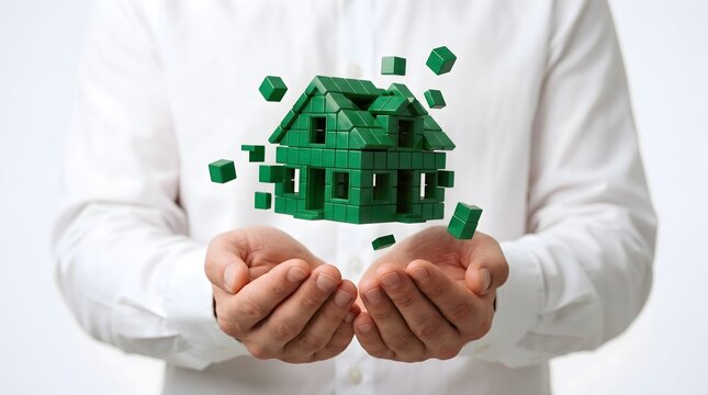 Green pixelated house model floating above human hands on white background representing sustainable architecture and eco-friendly real estate development concept.
