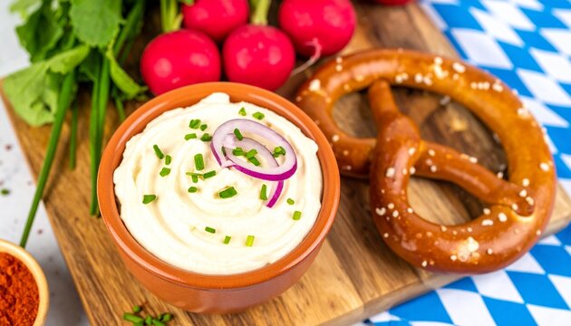 Bayerischer Obazda mit roten Zwiebeln und Schnittlauch neben Laugenbrezeln und frischen Radieschen zum Oktoberfest