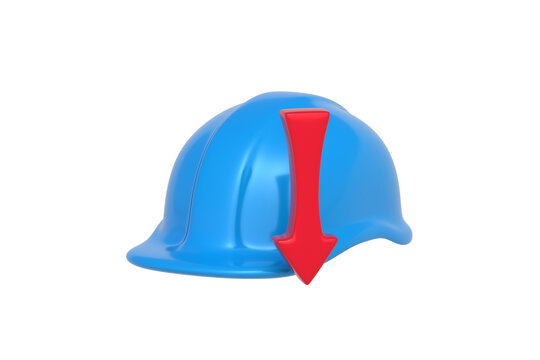 Reduction in workplace injuries. Falling occupational accident rates. Decreasing development revenue. Safety helmet and red downward arrow isolated on white background. 3d render