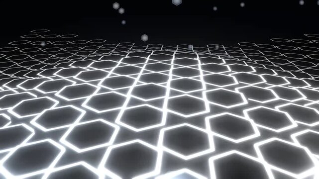 Futuristic glowing hexagon grid, white neon geometric mesh on black background, abstract digital data landscape for technology visuals