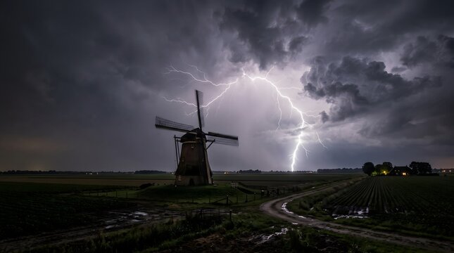 A dramatic lightning strike illuminates the dark stormy sky behind a traditional dutch windmill at night