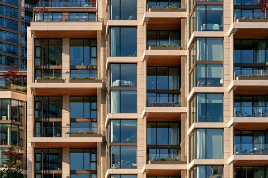Modern urban apartment building facade with large glass windows and balconies