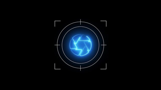 Neon blue camera shutter aperture hud overlay with targeting reticle for tech and projects lens