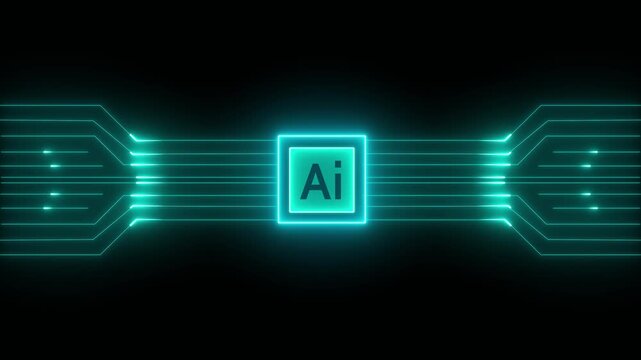 Circuit board with moving electrons and artificial intelligence AI. Data flow on a motherboard. Glowing circuit boards and electronic components. Concept of AI deep learning
