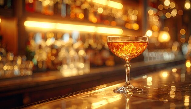 Amber cocktail glass on polished bar counter