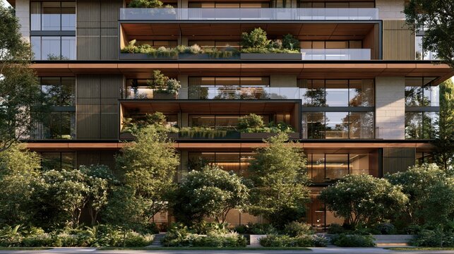 Modern urban residential building with glass balconies and green plants
