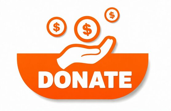 Bright donation hand icon with money coins and orange donate text