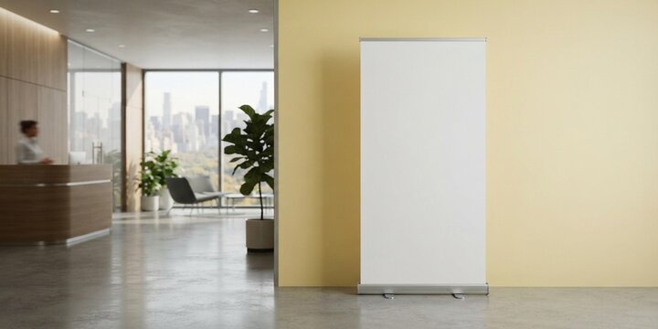 Roll up banner standee mockup standing upright on a smooth light yellow wall in a modern corporate office lobby