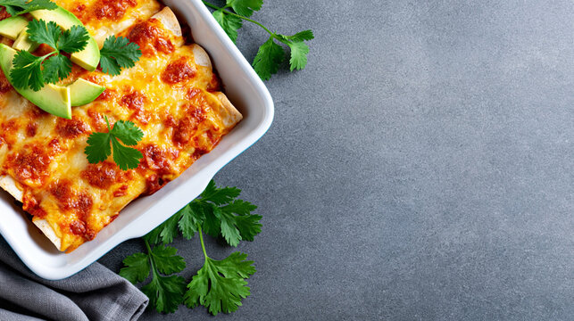 Baked enchiladas topped with melted cheese, avocado slices, and fresh cilantro on a gray stone surface with a folded cloth nearby