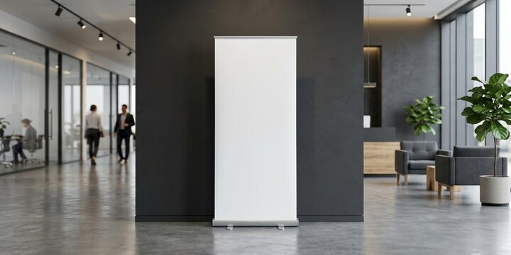 Roll up banner standee mockup standing upright on a smooth light black wall in a modern corporate office lobby