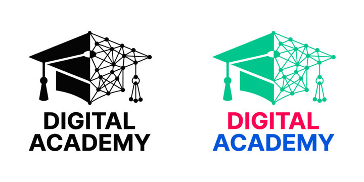 Digital academy logo design featuring a graduation cap combined with digital technology network nodes and circuit board patterns