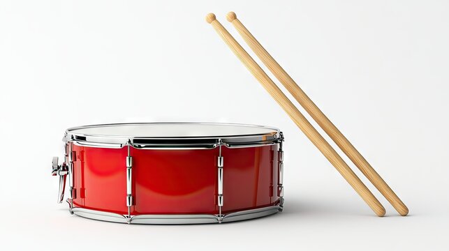 A vibrant red snare drum rests on a white surface alongside wooden drumsticks, inviting creativity and rhythm in any music setting