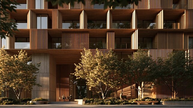 Modern architectural building with wood facade and large balcony spaces