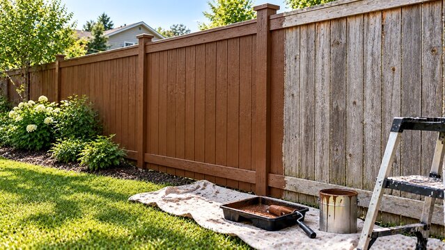 Residential wooden privacy fence halfway through repainting project, one section freshly coated
