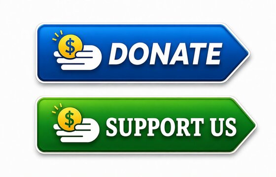 Blue and green directional arrow buttons for donate and support us