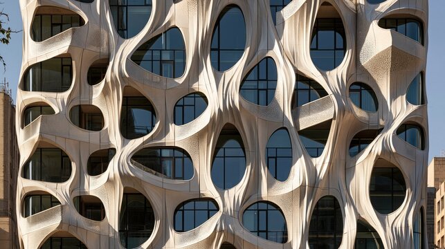 Modern architectural facade with organic shapes and irregular window openings