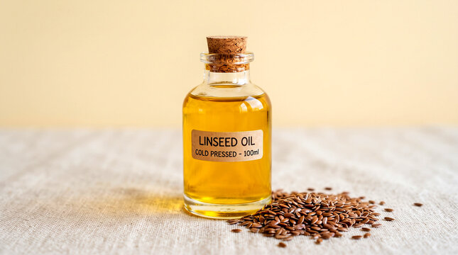 organic Linseed or flaxseed oil in bottle with label, flaxseed at side in soft cream yellow background