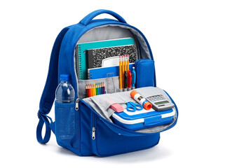 Fototapeta premium Blue backpack filled with school supplies and stationery on white background