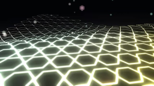 Futuristic glowing hexagon grid wave. Abstract digital honeycomb network with neon light particles. High-tech geometric data visualization background.