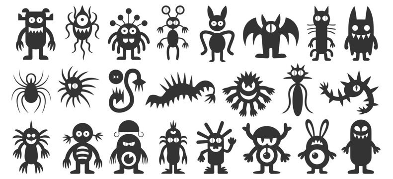 Collection of black silhouette cartoon monster characters, funny aliens, spooky creatures, and bugs isolated on white background