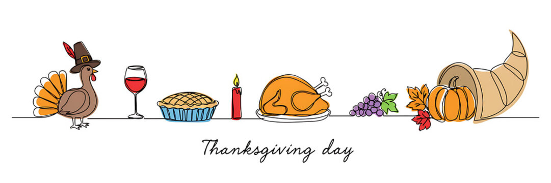 Hand drawn thanksgiving day featuring a turkey, wine glass, pumpkin pie, candle, roasted chicken, grapes, and cornucopia