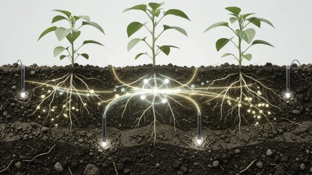 Cross section of plant roots connected by glowing yellow mycelium network in soil