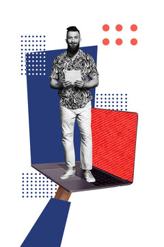 Composite trend artwork 3D sketch image collage of&nbsp;young man stand huge laptop keyboard monitor workspace office manager hold tablet
