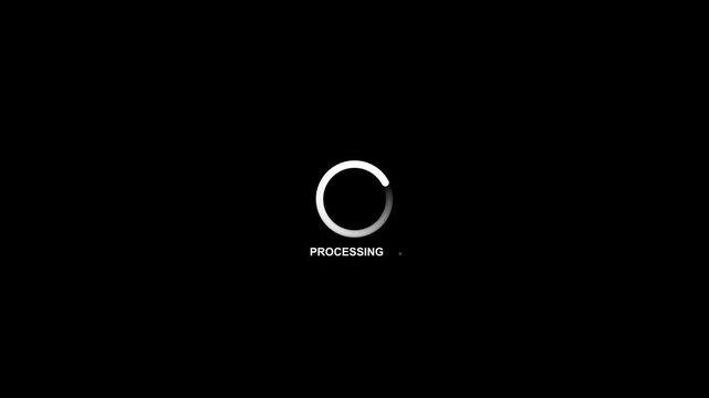 Minimalist loading spinner animation with processing text on black background, progress buffering waiting