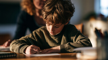Obraz premium Young boy practicing handwriting at a home desk with a parent nearby, medium shot, connectioneering learning support, warm natural light, authentic unposed photo