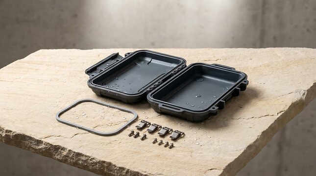 Open black plastic protective equipment case with small metal screws and a rectangular frame component