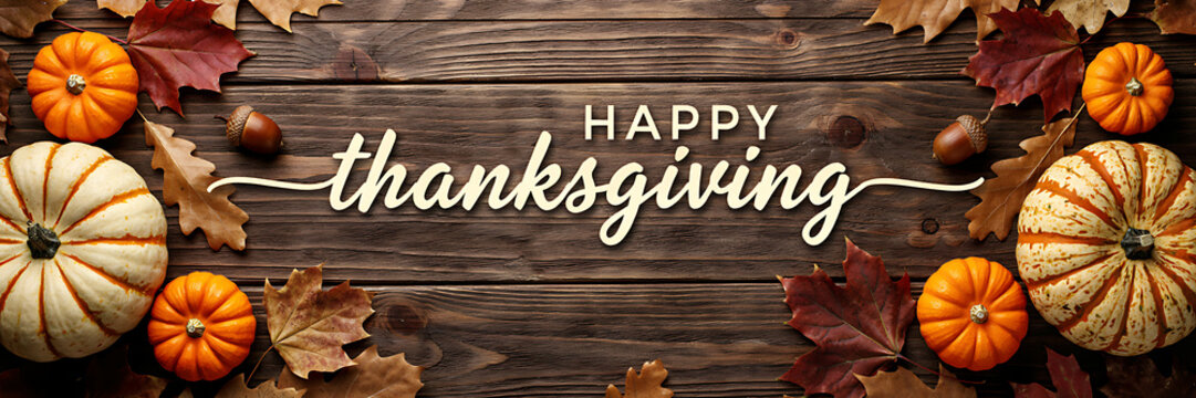Happy thanksgiving greeting card with orange pumpkins and colorful autumn leaves on a rustic dark brown wooden plank background texture