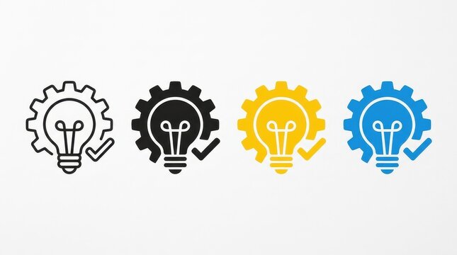 Set of Innovation Icons Featuring Light Bulb in Gear with Checkmark for Creative Problem Solving and Idea Implementation
