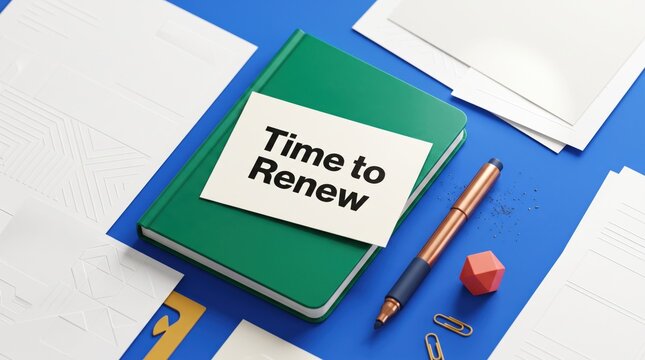 Time to renew concept with office supplies on blue background