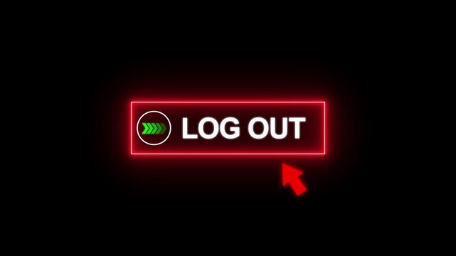 Neon Red Glowing Log Out Button with Mouse Cursor Click Animation 4K Loop on Black Background