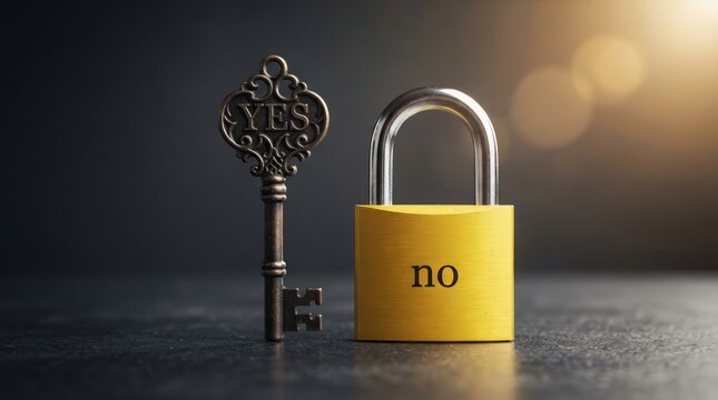 Symbolism of opportunity and access with a vintage metal YES key and a bright yellow NO padlock.