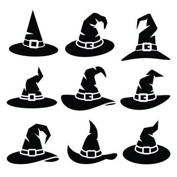 Collection of nine black witch hat silhouettes with various shapes, brims, buckles, and pointed tips