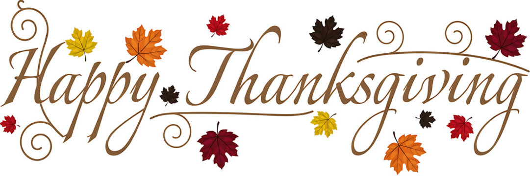 Happy thanksgiving text with decorative swirls and colorful autumn maple leaves isolated on a clean white background, for holiday