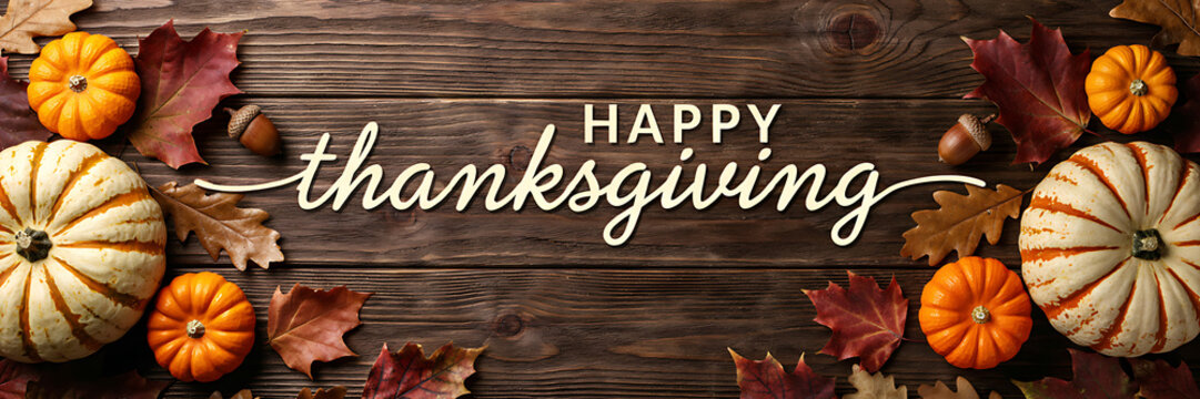 Happy thanksgiving typography on a rustic wooden background, with orange pumpkins, and autumn leaves, for seasonal holiday, greeting card