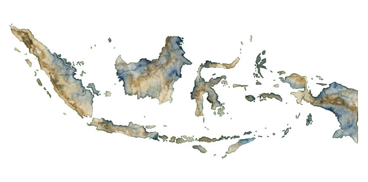 Watercolor map of Indonesia archipelago showing islands with textured painting style