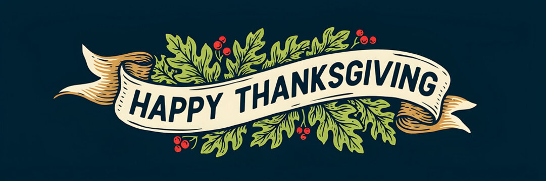 Happy thanksgiving vintage style with a decorative ribbon banner, oak leaves, and red berries on a dark navy blue background