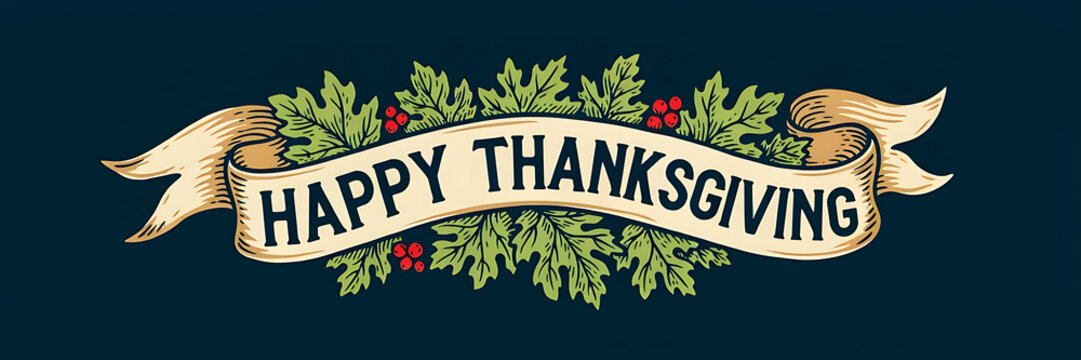 Happy thanksgiving vintage style with a decorative ribbon banner, oak leaves, and red berries on a dark navy blue background