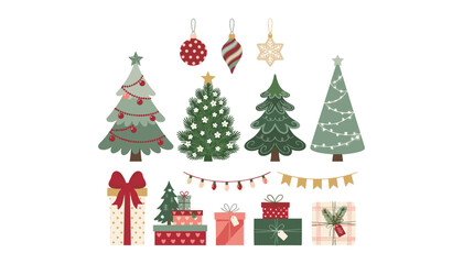 Naklejka premium Christmas tree and gift vector element set featuring festive holiday decorations, hanging ornaments, garlands, and winter presents.